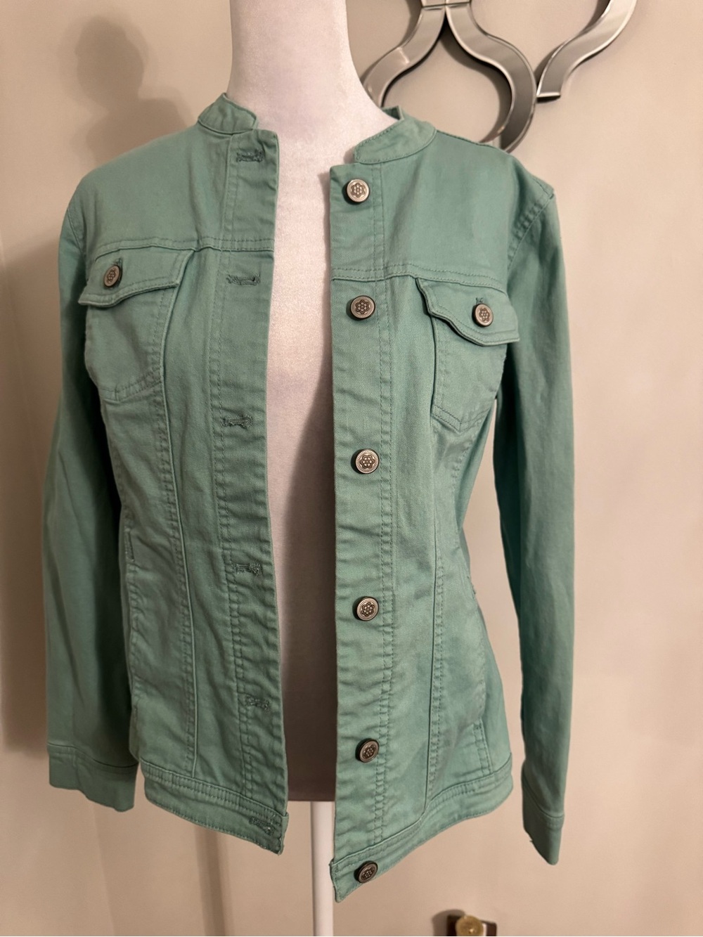 Denim&Co Mint Green Collarless Jean Jacket